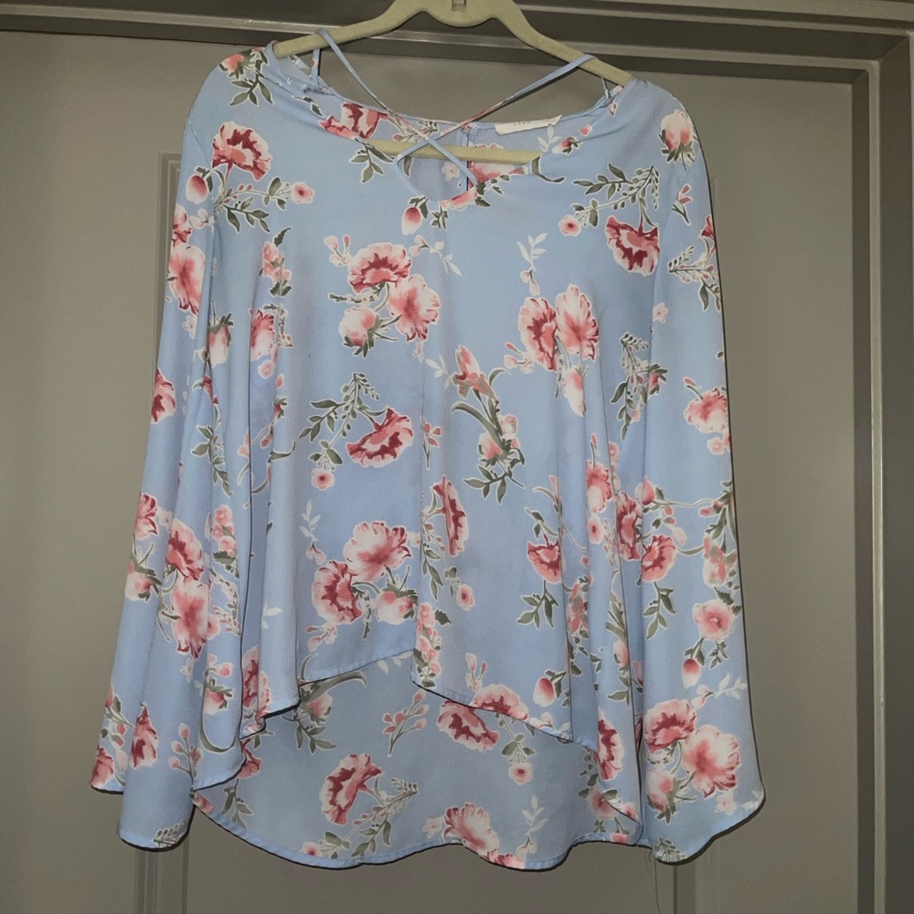 LUSH Floral Semi Sheer Crisscross V-Neck Long Sleeve Top
